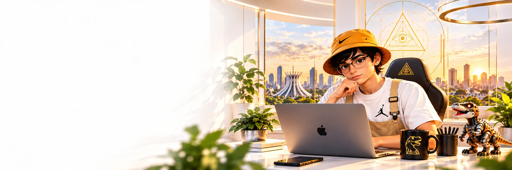 Israel com laptop em um estúdio em Brasília ao entardecer, pronto para uma conversa