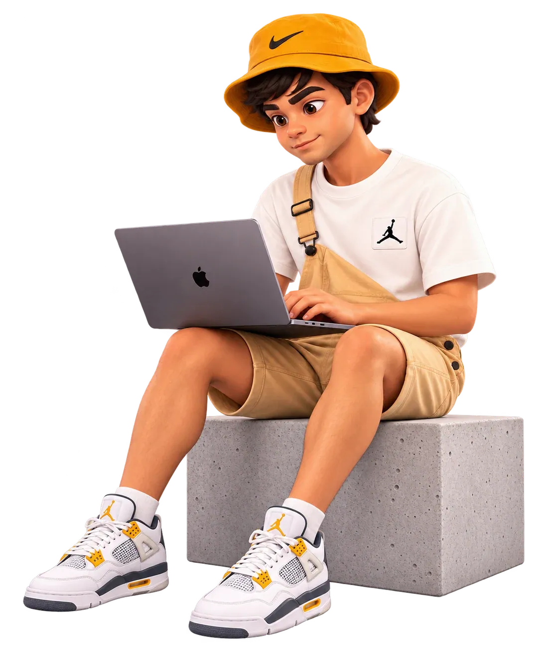 Israel trabalhando no laptop, sentado em um banco de concreto