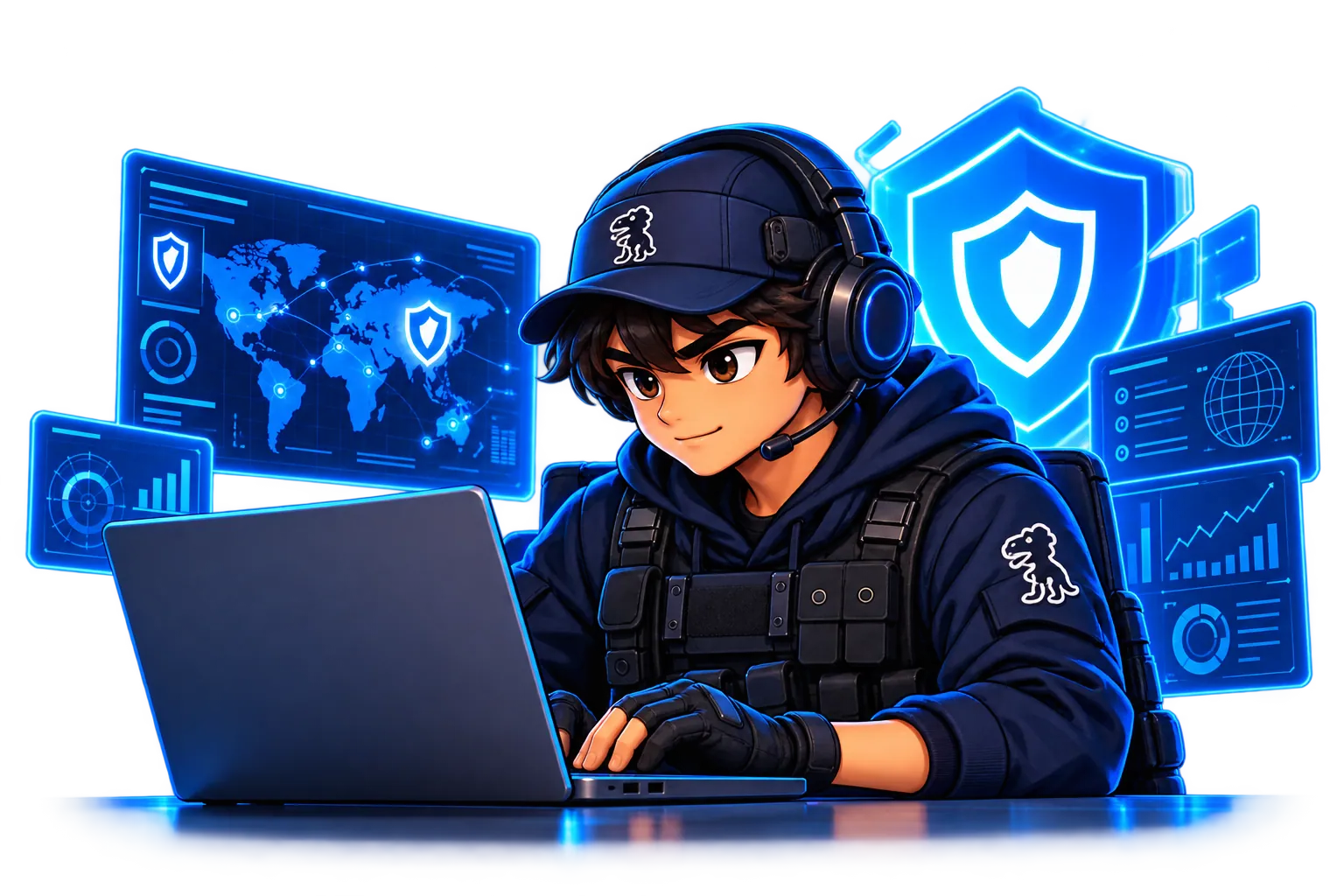Personagem com headset acompanhando painéis de defesa e monitoramento