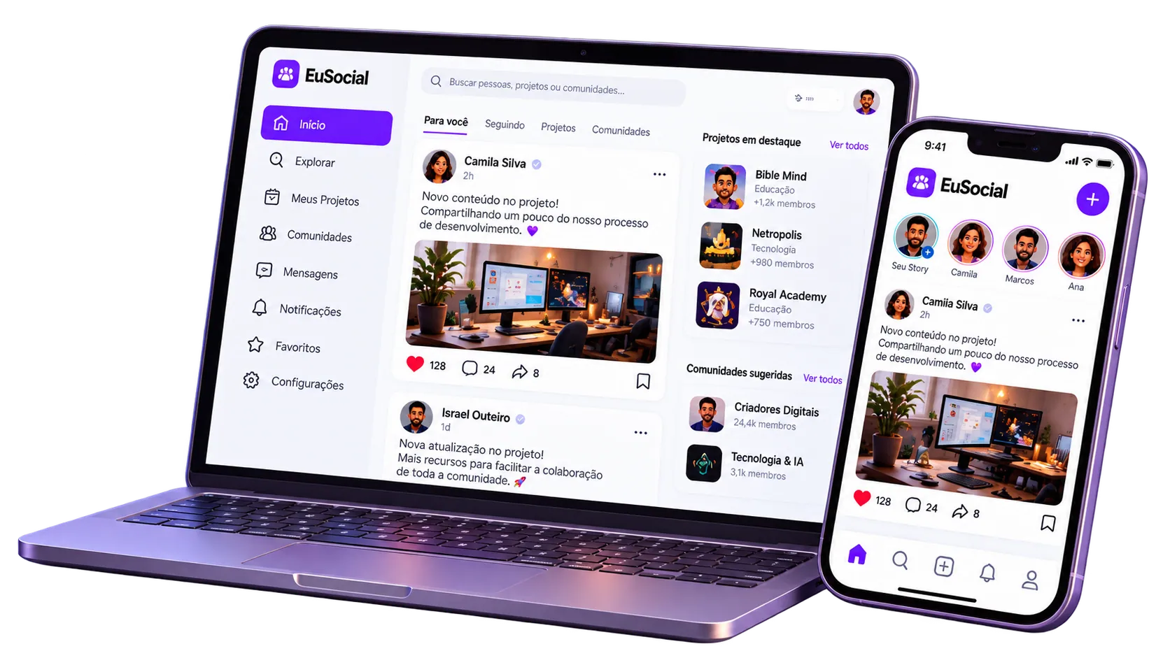 Apresentação visual do EuSocial em computador e smartphone
