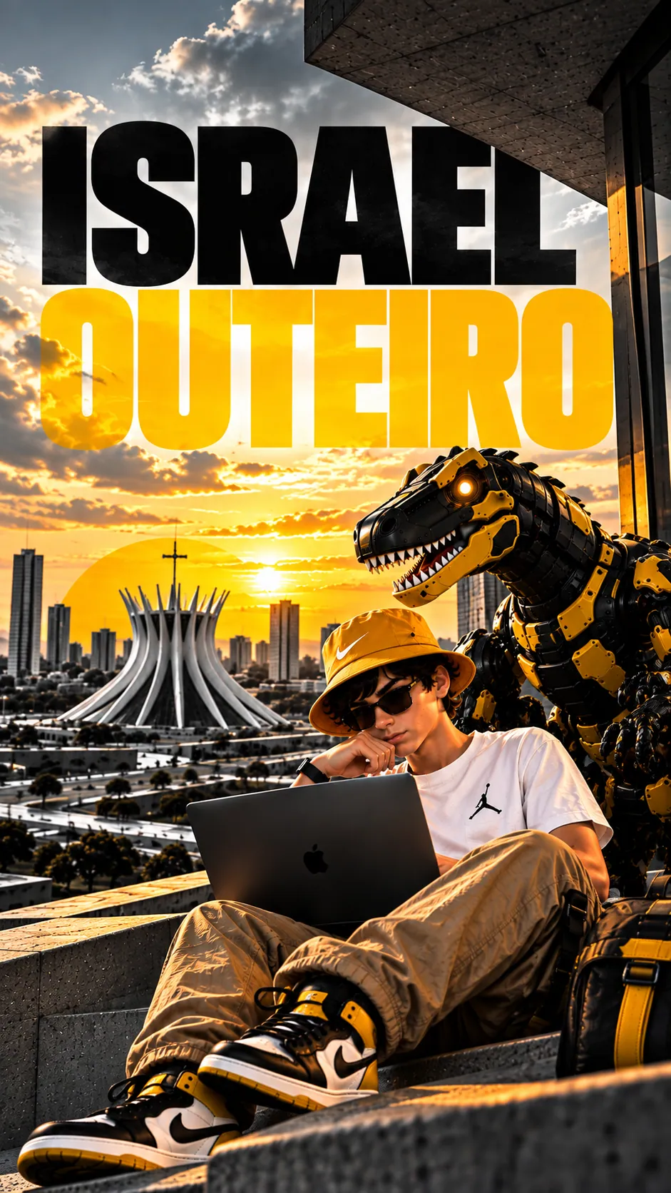 Retrato ao entardecer — mobile: Israel com laptop e dinossauro robótico, com Brasília ao pôr do sol