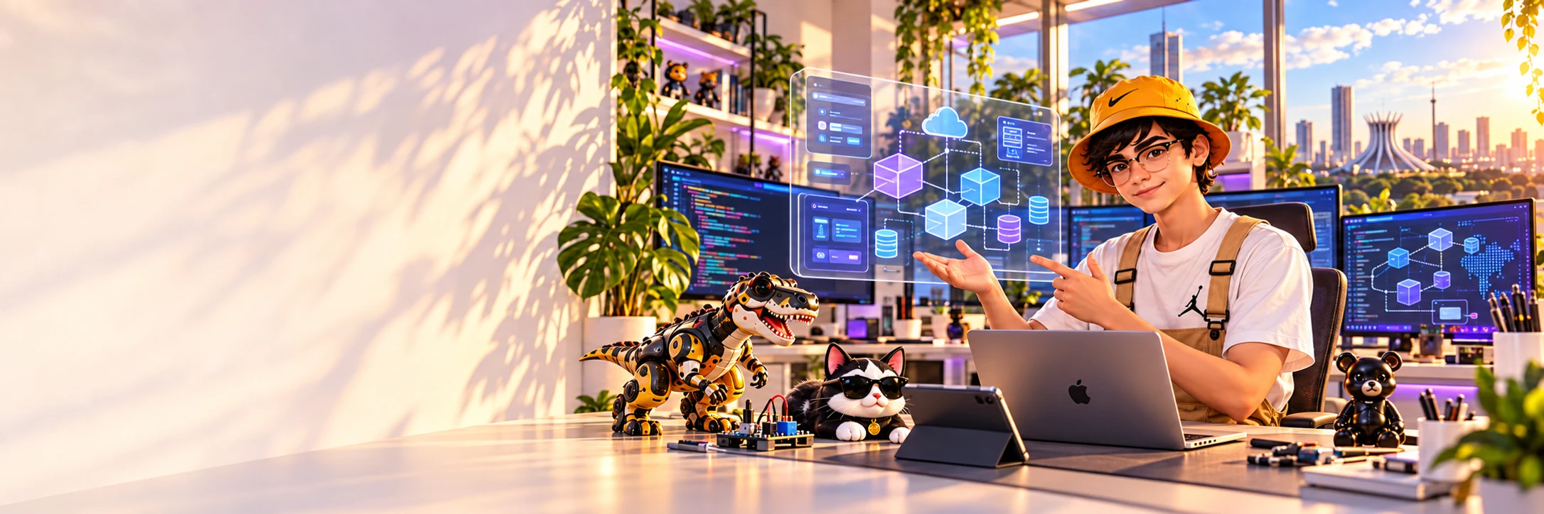 Israel em seu estúdio de desenvolvimento, com laptop, monitores e projetos de tecnologia