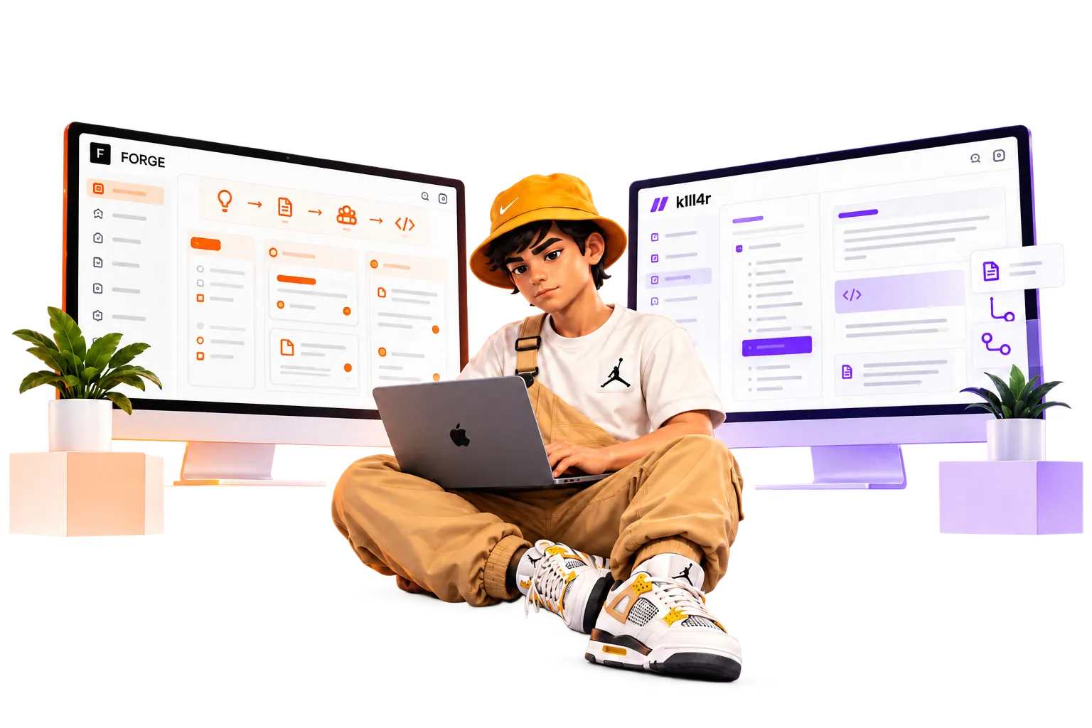 Israel com laptop entre interfaces conceituais de Forge e k1ll4r