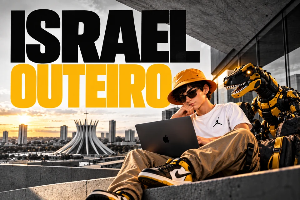 Israel com chapéu amarelo e laptop ao lado de um dinossauro robótico, com Brasília ao fundo