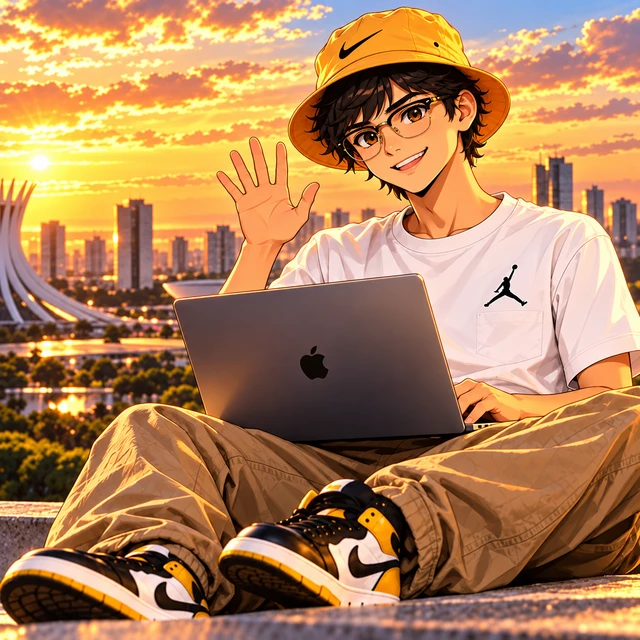 Israel em estilo anime, sorrindo e acenando em Brasília ao pôr do sol