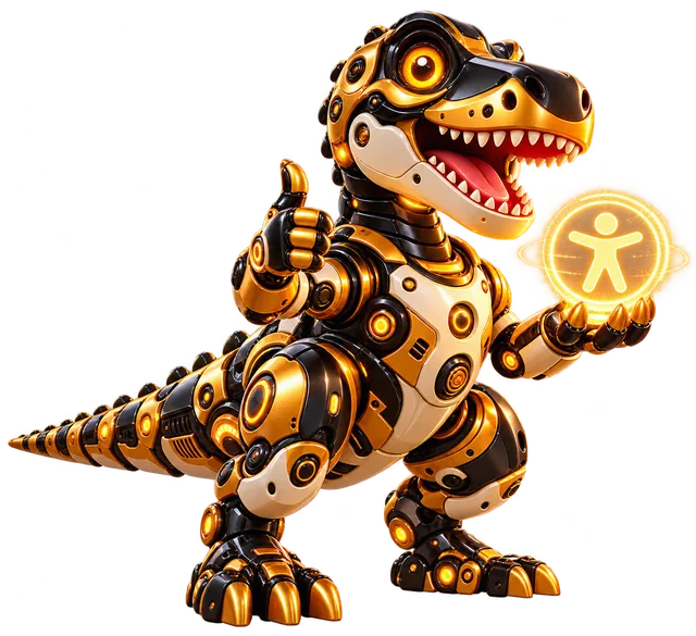 T-Rex tecnológico com símbolo de acessibilidade