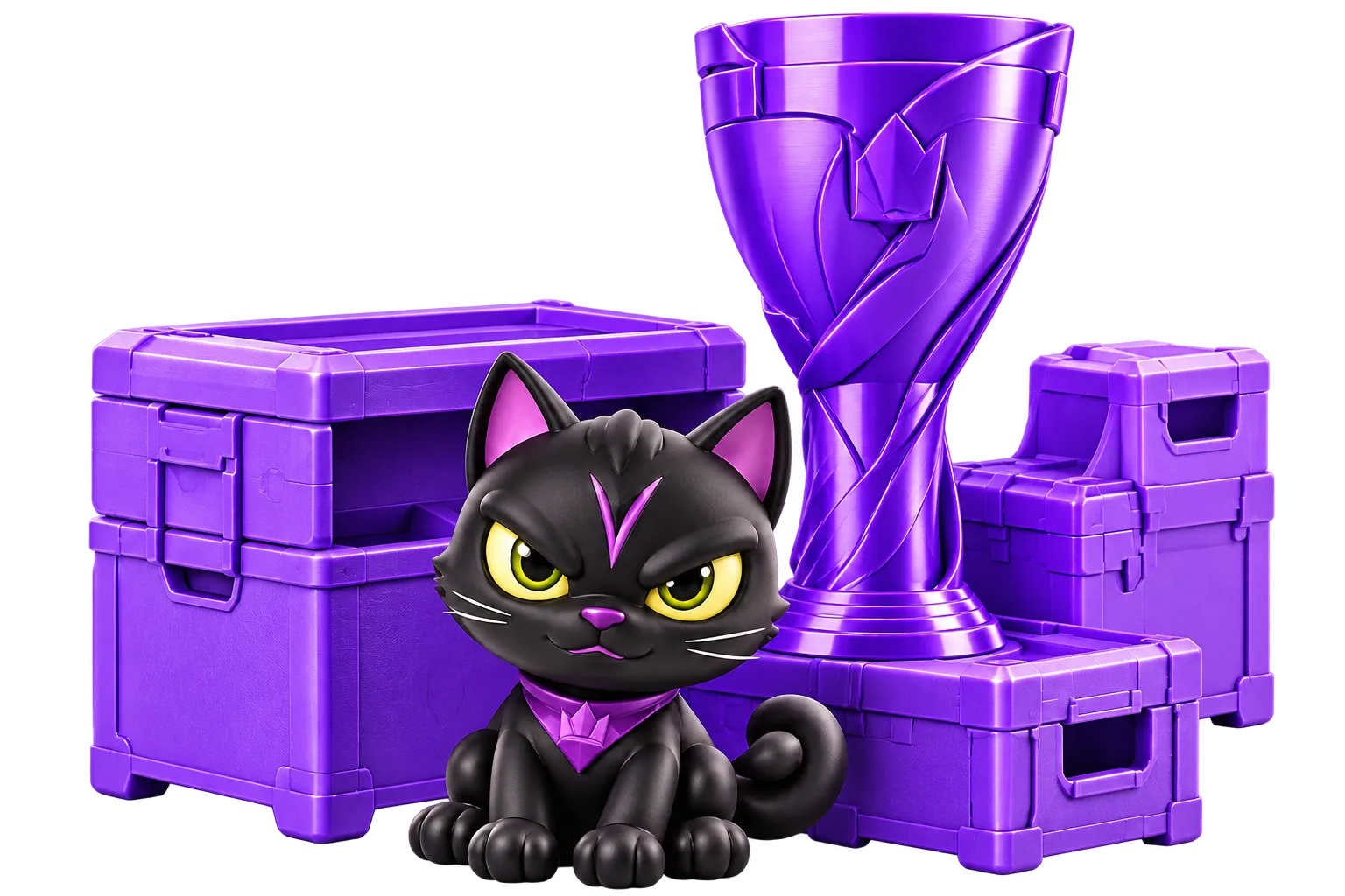 Ilustração de produtos 3D: troféu e caixas roxas com uma miniatura de gato