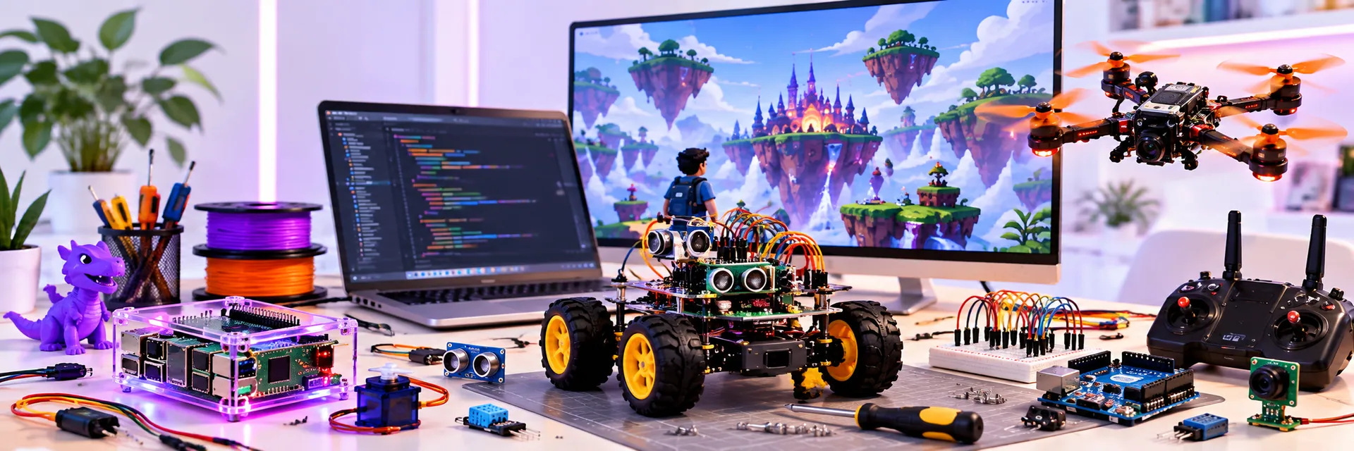Bancada com eletrônica, robótica, drone e um mundo virtual
