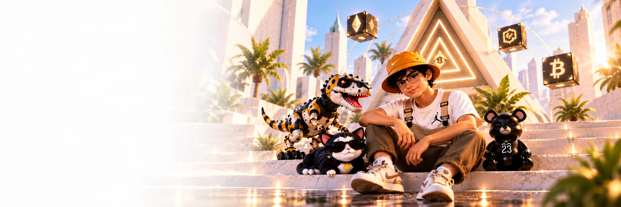 Israel, T-Rex Tech, Cat Lab e Bear 23 juntos nos degraus de uma praça futurista