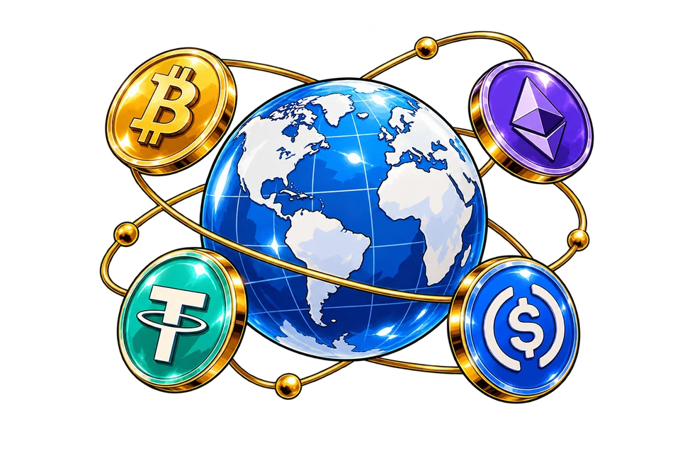 Globo conectado com elementos de blockchain